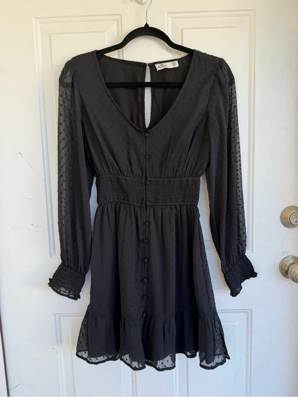 Hollister Black Long-Sleeve Swiss Dot Smocked Waist Dressed Size XS
